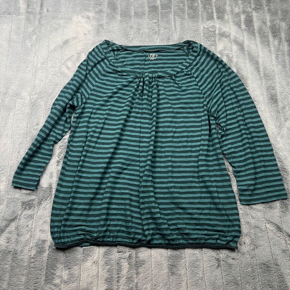 Ann Taylor LOFT Teal Green Striped 3/4 Sleeve Blouson Top XL